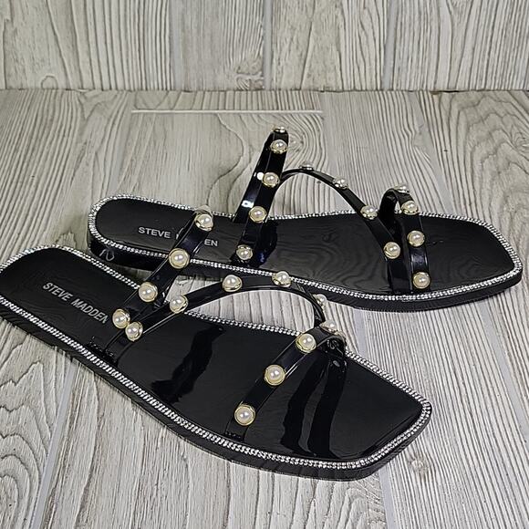 Steve Madden Nonii Black Pearl Embellished Studded Flat Sandals Womens 10 NEW - Picture 2 of 14